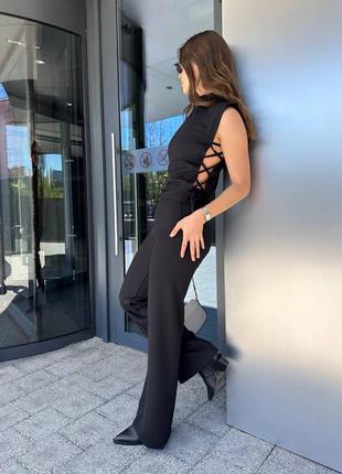 Костюм в рубчик топ штаны майка под горло со шнуровкой по бокам джоггеры спортивные широкие палаццо комплект бежевый черный