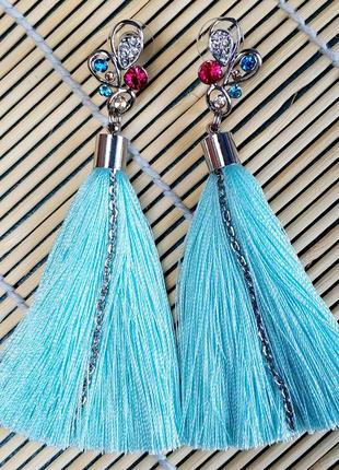 Серьги-кисти небесного цвета, серёжки кисточки ручная работа