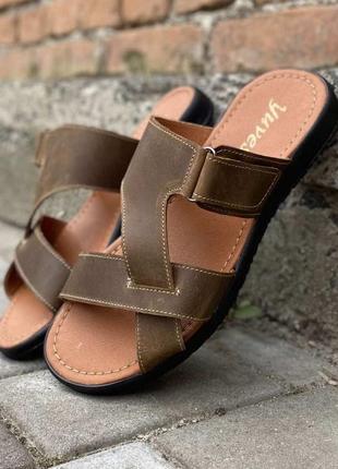 Чоловічі шльопанці шкіряні літні оливкові yuves f 35, розмір: 41, 43