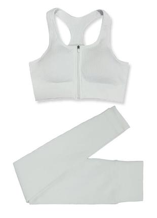 Спортивный костюм в рубчик 2 в 1 ( леггинцы + топ ) белого цвета, размер s6 фото