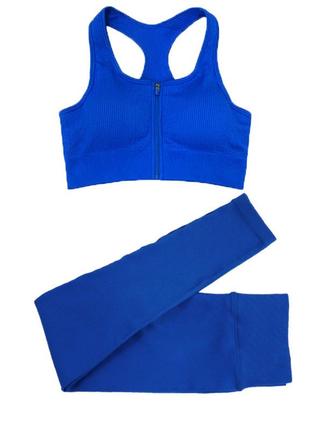 Спортивный костюм в рубчик 2 в 1 ( леггинцы + топ ) синего цвета, размер l6 фото