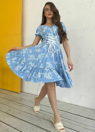 Женское красивое романтичное летнее синее платье мини