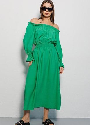 Платье женское летнее с открытыми плечами макси зеленое modna kazka mkar69037-1