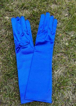 Перчатки атласные синие, с блеском , до локтя3 фото