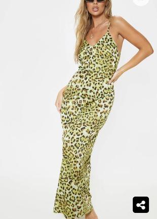 Лаймовое леопардовое длинное платье макси3 фото