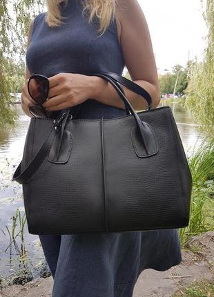 Сумка женская средняя натуральная кожа, черная матовая рептилия 1716