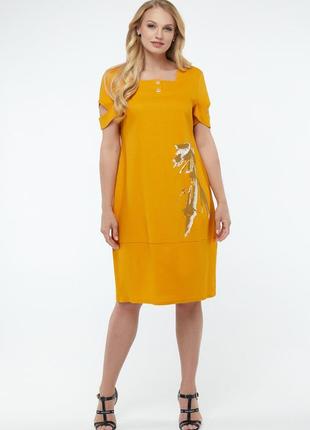 Женское льняное платье баллон горчичного цвета