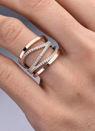 🇺🇦каблучка срібло 925° золото 375° пластини вставка куб.цирконії  кольцо перстень женское широкое волни 0398.10