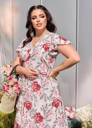 Платье макси большие размеры на запах под поясок рукав короткий ,,крылышко,, юбка расклешонная по низу волан ткань супер софт