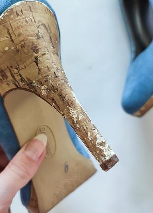 Голубые туфли на каблуке женские туфельки синие фирменные замшивые4 фото