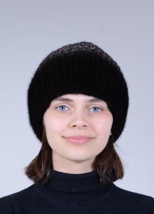 Женская вязаная норковая шапка с помпоном2 фото