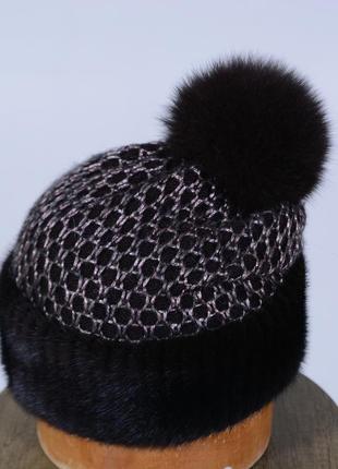 Женская вязаная норковая шапка с помпоном5 фото