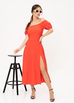 Коралловое льняное платье с открытыми плечами