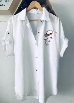 Белая рубашка с вышивкой оверсайз широкая длинная туника с рукавом батал большого размера блуза1 фото