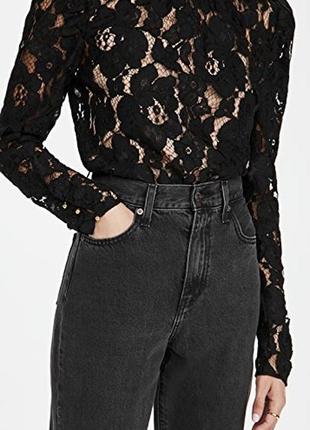 Черная ажурная блуза прозрачная гипюр сетка с вышивкой цветочным принтом пышными рукавами vero moda