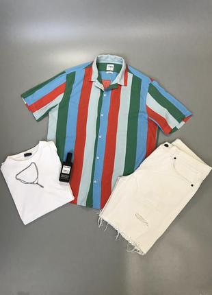 Яркая цветная тенниска zara в полоску, гавайка, рубашка на короткий рукав, летняя, в полоску, пляжная, на пляж, лето