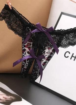 Стрінги з розрізом леопардові фіолетові - розмір універсальний, резинка до 80см