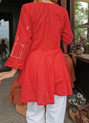 Туника коттон хлопок асимметричная в этно бохо стиле с вышивкой бусины пайетки цветы блуза7 фото