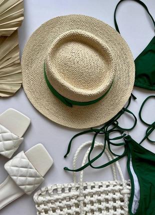 2616 федора соломенная шляпа из соломы с зеленой лентой4 фото