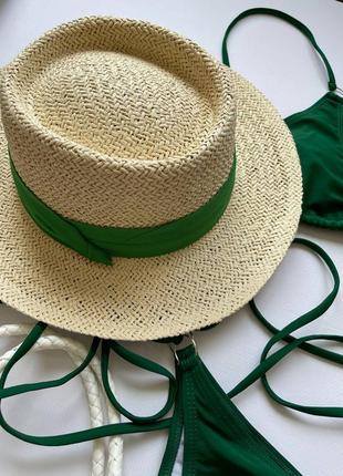 2616 федора соломенная шляпа из соломы с зеленой лентой2 фото
