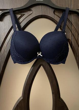 Шикарный, нереально, красивый, бюстгальтер, темно синего цвета, в горошек, от дорогого бренда: debenhams 👌