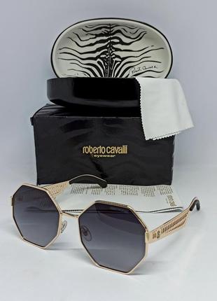 Окуляри в стилі roberto cavalli жіночі сонцезахисні темно сірі з градиентом в золотому металі ромбовидні