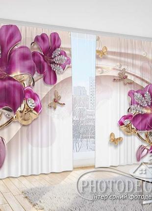 Фото шторы "3d цветы и стразы" высота - 2,54м, ширина - 3,04м (2 полотна по 1,52м), тесьма1 фото