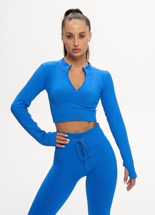 Спортивний костюм у рубчик (рашгард та легінси) синього кольору, розмір l5 фото