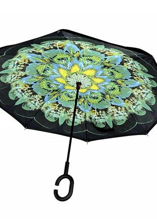 Зонт обратного сложения lesko up-brella зелёный павлин с рисунком смарт зонт наоборот механический kro-891 фото