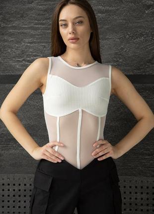 Боди в рубчик с сеткой боди без рукавов боди обтягивающее с иммитацией корсета