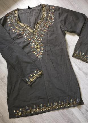 Этно рубашка пляжное платье в бохо стиле туника оливковая вышитая1 фото