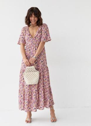 Длинное летнее платье лавандового цвета с цветочным принтом. модель 3001012 фото