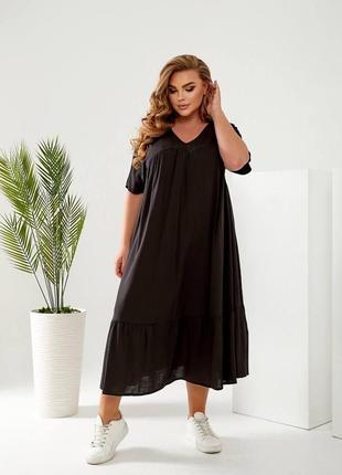 Льняное платье свободного кроя черный р.48-58