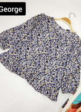 Блуза жіноча синього жовтого кольору в квітковий принт укорочена вільного крою від бренду george s m