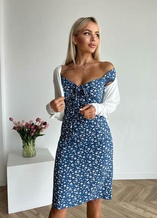 Летнее женское платье + кофта в цветочный принт синего цвета