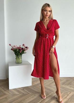 Стильное красное женское платье в горошек1 фото
