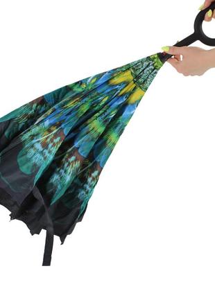 Зонт обратного сложения lesko up-brella зелёный павлин с рисунком смарт зонт наоборот механический set-223 фото