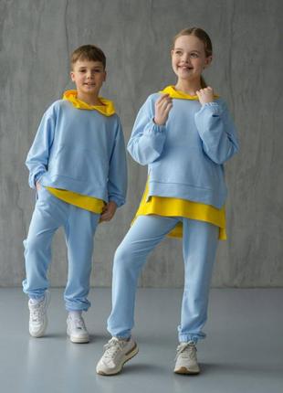 Детский спортивный костюм имитация качественный с капюшоном желтый голубой синий электрик зеленый не кашлатится базовый стильный трендовый3 фото