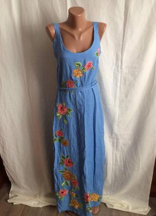 Длинный женский сарафан с вышивкой лен и cotton