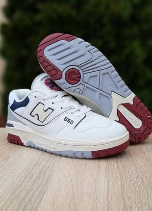Кожаные мужские кроссовки new balance 550 белые с бордовым и синим