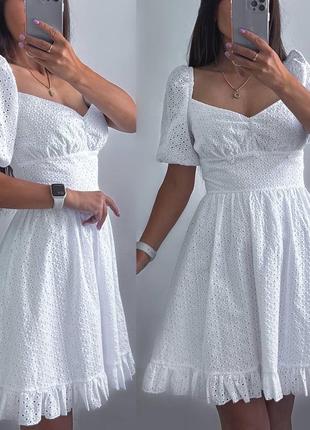 Женственное платье из натуральной ткани короткое мини кукольное беби долл с пышной юбкой с декольте белое голубое малиновое свадебное5 фото