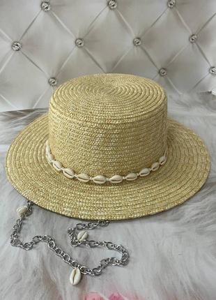 Літній солом'яний капелюх канотьє з ланцюгом та мушлями palma (поля 7 см, срібло)