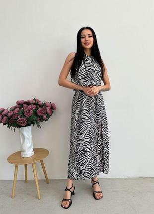 Платье - сарафан макси талия на резинке плечи и спинка открытые горловина на кулиске юбка трапеция с разрезом  ткань софт принт