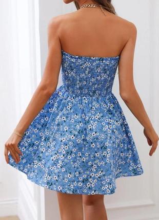 Платье мини лиф на шпульной резинке открытые плечи и спинка юбка трапеция ткань софт принт3 фото