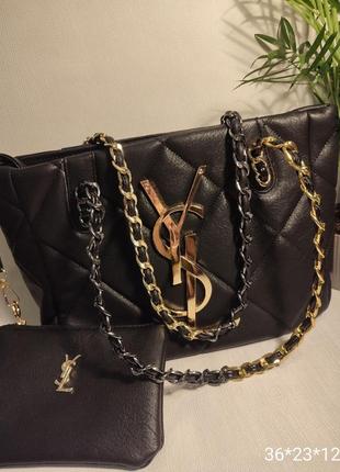 Черная сумка шоппер из эко кожи в стиле ивселеран yves saint laurent юсле сумка с кошельком2 фото