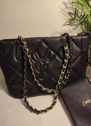 Черная сумка шоппер из эко кожи в стиле ивселеран yves saint laurent юсле сумка с кошельком10 фото