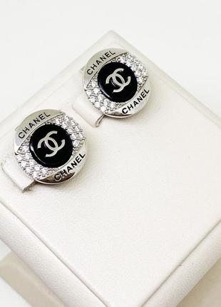 Сережки серебряные с ониксом и кубическим цирконием "шанель" 6,95 г