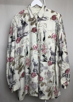 Винтажная интересная рубашка в принт розы ноты абстракция винтаж блуза оверсайз большой размер xl-xxl цветочный принт цветы2 фото