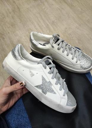 Женские кроссовки кеды белые+серебристая звезда голден гуся golden goose white shining star