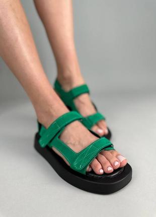 Стильные зеленые сандалии спортивные/босоножки замшевые на липучках/смша женские - женская обувь на лето